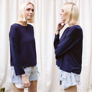 ZARA WB Collection Knit Split Hem Long Sleeve Tee Navy Blue Women’s Size Small